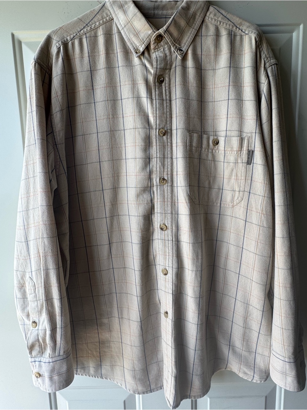Woolrich Button-Down Plaid Shirt in Cream with Subtle Blue and Tan Lines
